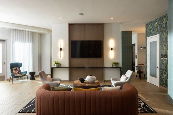 Shoreline apartment for rent - Resident lounge with TV seating at Canopy Apartments in Shoreline