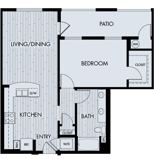 Floor plan for 1 bed, 1 bath, 897 sqft