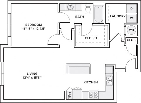 Floor plan for 1 bed, 1 bath, 850 sqft