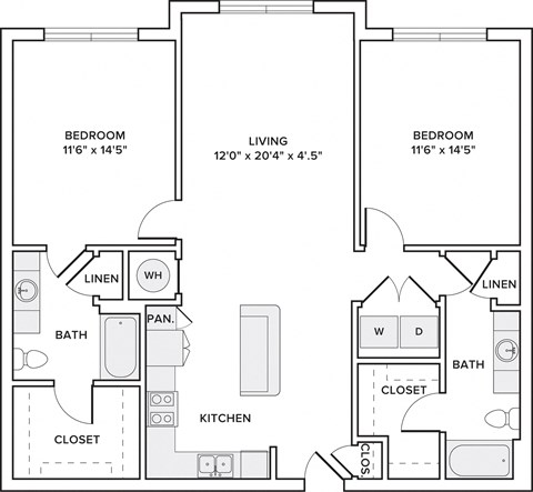 Floor plan for 2 beds, 2 baths, 1176 sqft