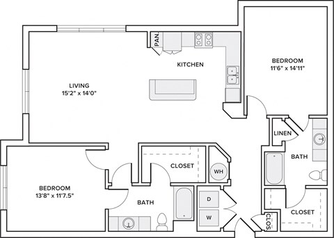 Floor plan for 2 beds, 2 baths, 1246 sqft