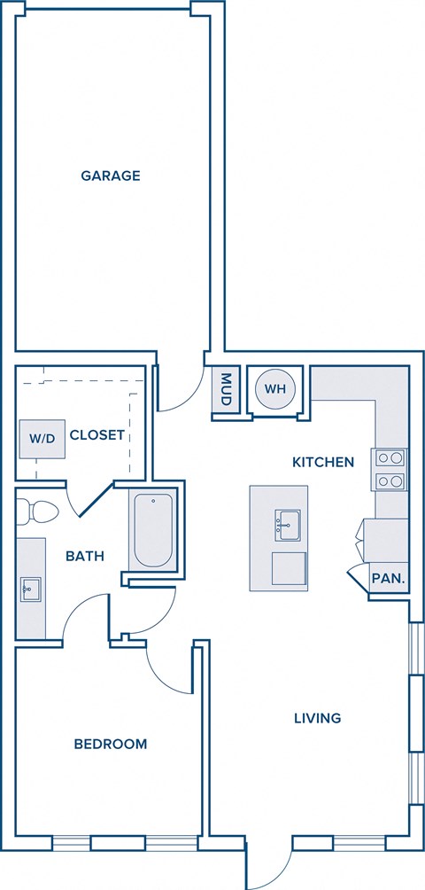 Floor plan for 1 bed, 1 bath, 736 sqft