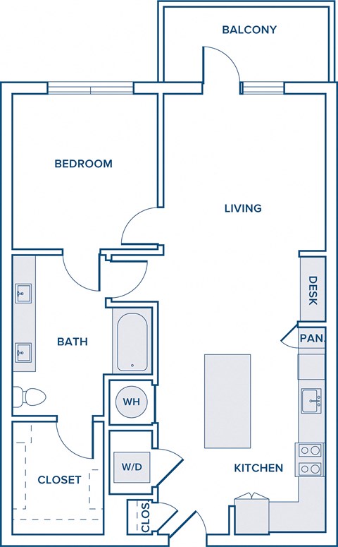 Floor plan for 1 bed, 1 bath, 874 sqft