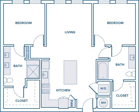 Floor plan for 2 beds, 2 baths, 1050 sqft