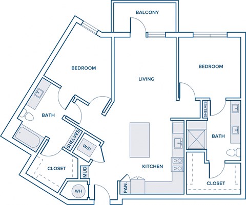 Floor plan for 2 beds, 2 baths, 1097 sqft