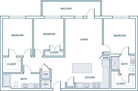 Floor plan for 3 beds, 2 baths, 1352 sqft