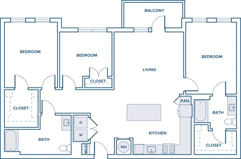 Floor plan for 3 beds, 2 baths, 1400 sqft