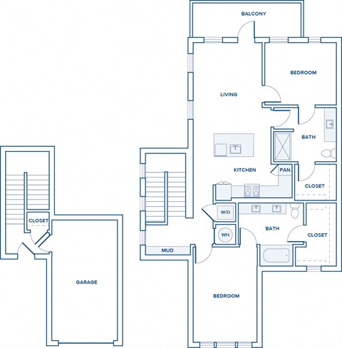 Floor plan for 2 beds, 2 baths, 1168 sqft