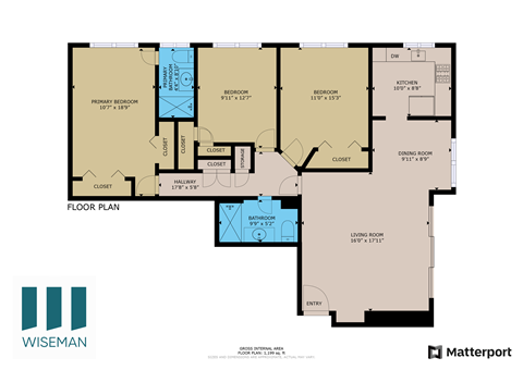 Floor plan for 3 beds, 2 baths, 1250 sqft