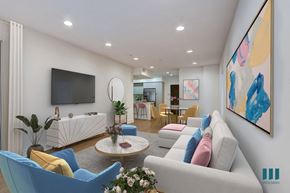 Los Angeles apartment for rent - Open-Concept Kitchen, Dining, and Living Room with Vinyl Flooring and Recessed Lighting