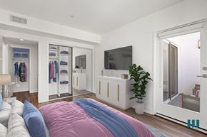 Los Angeles apartment for rent - Bedroom with Mirrored Closet with Shelving, Vinyl Flooring, and Patio