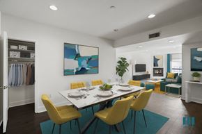 Los Angeles apartment for rent - Dining and Living Room with Hall Closet, Fireplace, Vinyl Flooring, and Recessed Lighting