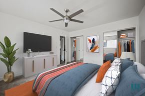 Los Angeles apartment for rent - Bedroom with Two-Mirrored Closets, Ceiling Fan, and Carpet