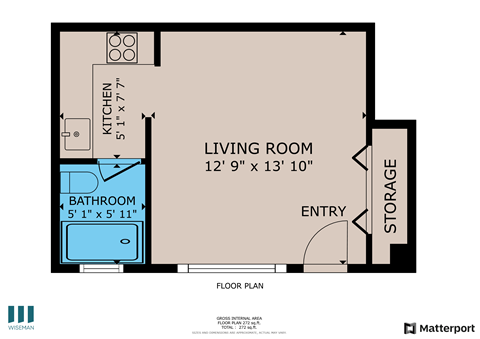 Floor plan for studio, 1 bath, 350 sqft