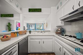 Los Angeles apartment for rent - A kitchen with white cabinets and a black dishwasher.