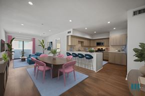 Los Angeles apartment for rent - Open-Concept Kitchen with Countertop Bar, Dining, and Living Room with Patio