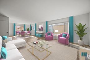 Los Angeles apartment for rent - A living room with a white couch, pink armchairs, and a glass coffee table.