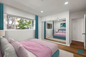 West Hollywood apartment for rent - Bedroom with Vinyl Flooring and Mirrored Closet with Overhead Storage