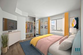 Los Angeles apartment for rent - A bedroom with a bed, a dresser, a mirror, and a window with yellow curtains.