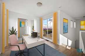 Los Angeles apartment for rent - A room with a desk, chair, and a window with yellow curtains.