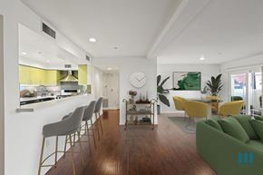 Los Angeles apartment for rent - Open-Concept Kitchen with Large-Size Countertop Bar, Dining, and Living Room Space with Patio