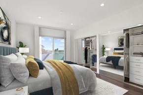 Los Angeles apartment for rent - Bedroom with Two Mirrored Closets with Built-In Organizers, Vinyl Flooring, Recessed Lighting, and Balcony with Custom Shades