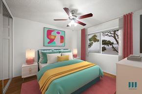 Los Angeles apartment for rent - Bedroom with Mirrored Closet, Vinyl Flooring, Ceiling Fan, and Windows