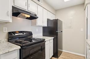 Daytona Beach apartment for rent - A black stove and refrigerator in a kitchen with white cabinets.