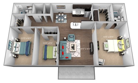 Floor plan for 3 beds, 2 baths, 1176 sqft