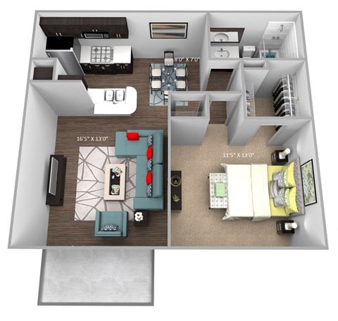 Floor plan for 1 bed, 1 bath, 634 sqft