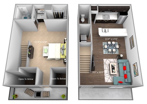 Floor plan for 1 bed, 1.5 baths, 737 sqft