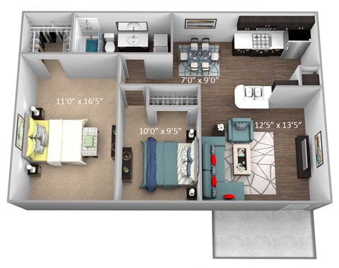Floor plan for 2 beds, 1 bath, 804 sqft