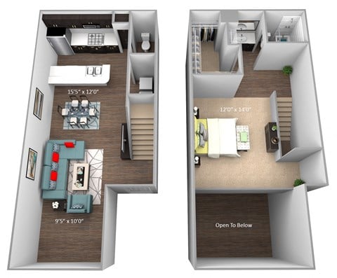 Floor plan for 1 bed, 1.5 baths, 892 sqft