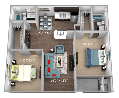 Floor plan for 2 beds, 2 baths, 905 sqft