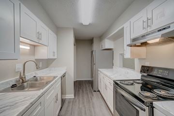 Hoover apartment for rent - A kitchen with white cabinets and stainless steel appliances.