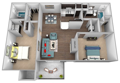 Floor plan for 2 beds, 2 baths, 1000 sqft