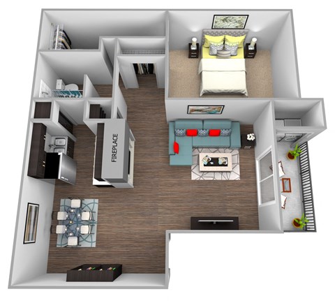 Floor plan for 1 bed, 1 bath, 733 sqft