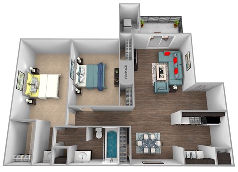 Floor plan for 2 beds, 1 bath, 896 sqft