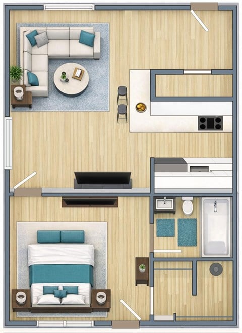 Floor plan for 1 bed, 1 bath, 620 sqft