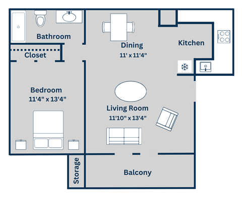 Floor plan for 1 bed, 1 bath, 546 sqft