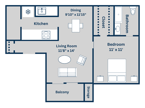 Floor plan for 1 bed, 1 bath, 618 sqft