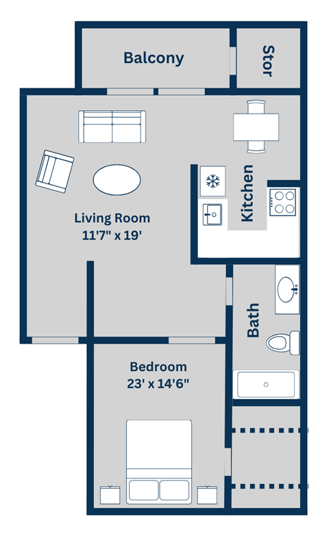 Floor plan for 1 bed, 1 bath, 720 sqft