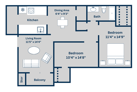 Floor plan for 2 beds, 1 bath, 840 sqft