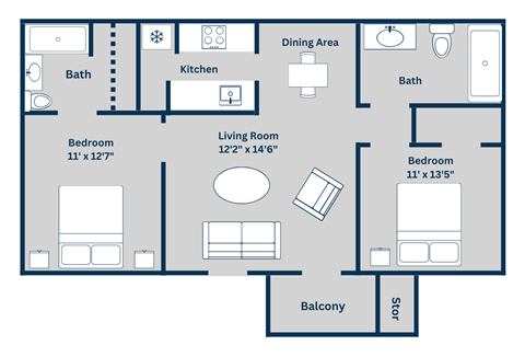 Floor plan for 2 beds, 2 baths, 926 sqft