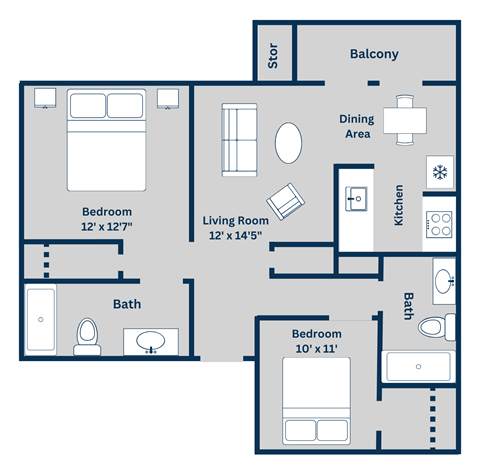 Floor plan for 2 beds, 2 baths, 1014 sqft