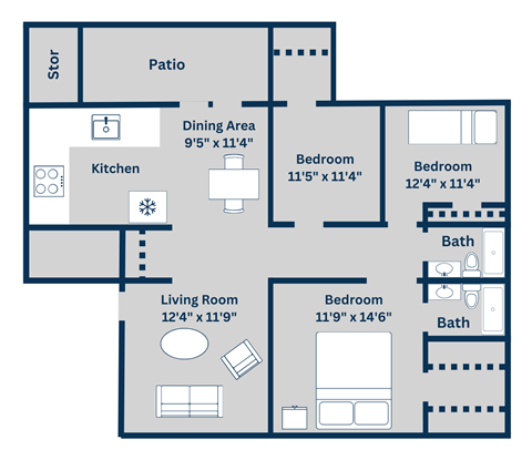 Floor plan for 3 beds, 2 baths, 1152 sqft