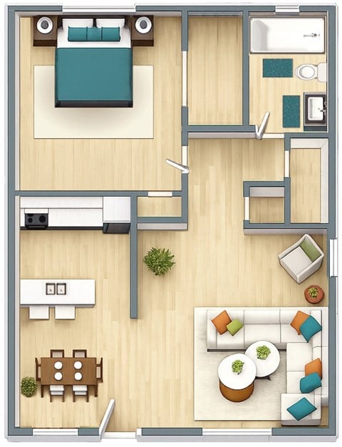Floor plan for 1 bed, 1 bath, 711 sqft