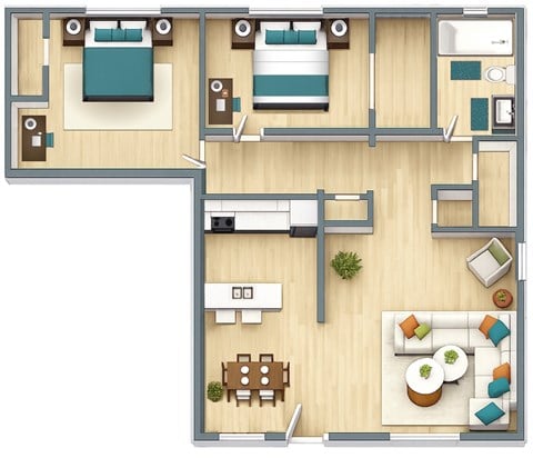 Floor plan for 2 beds, 1 bath, 836 sqft