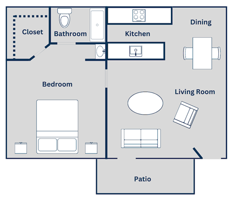 Floor plan for 1 bed, 1 bath, 528 sqft