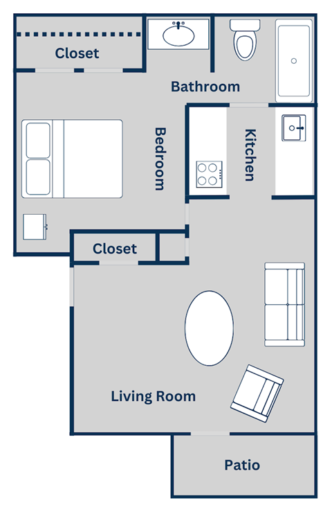 Floor plan for 1 bed, 1 bath, 599 sqft